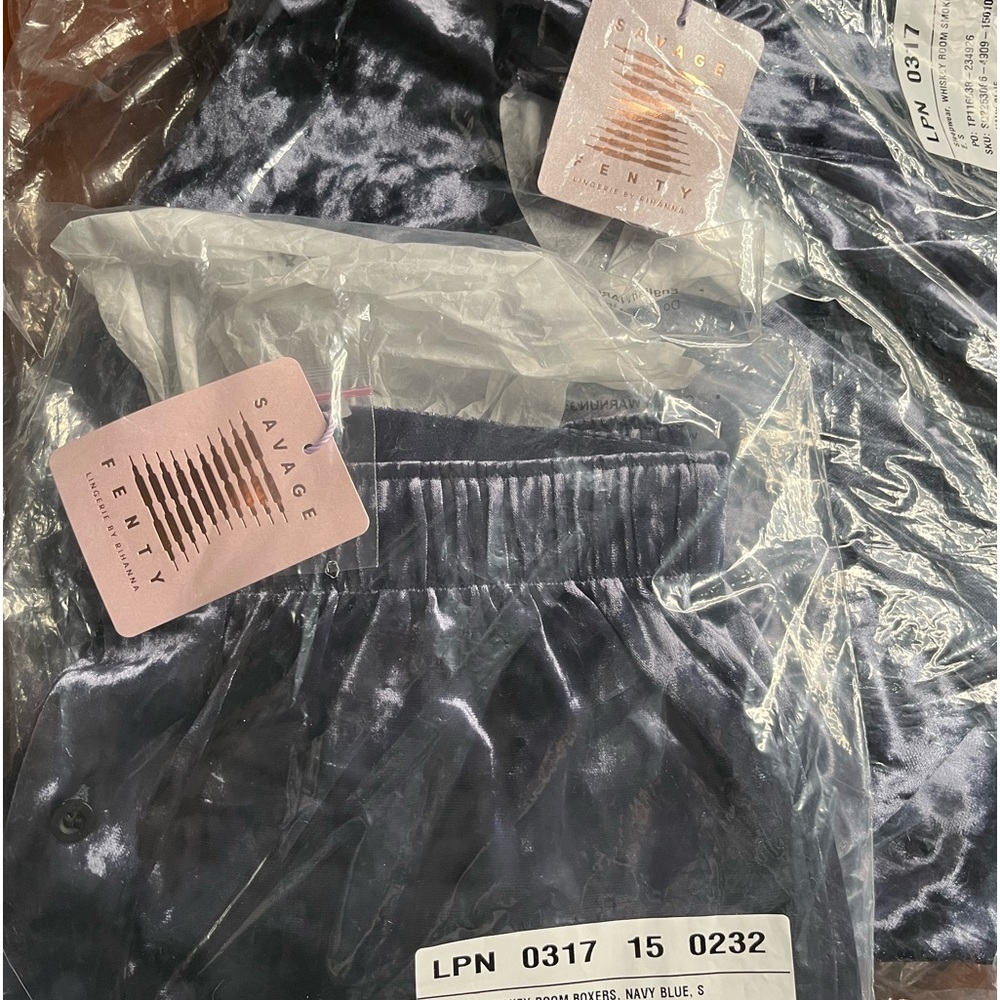 Savage X Fenty Navy Blue Whiskey Room Velvet Smoking Jacket & Boxers Pajamas Set - Picture 13 of 13